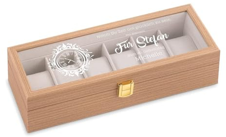 Maverton Uhrenbox mit Gravur für 6 Uhren - Uhrenschachtel Uhrenaufbewahrungsbox aus Holz - personalisiert - braun 31x11x8cm - Geschenk zum Geburtstag für Männer - glücklich