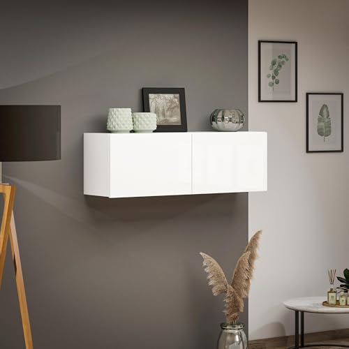 Mobile pensile Worcester, Armadietto sospeso, Mobiletto a Muro, Armadio ausiliario Multifunzione, Made in Italy, 113x39h37 cm, Bianco Lucido
