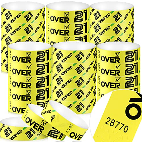600 Pack Over 21 Age Verified Wristbands for Events with Security Number, Waterproof Neon Verified Wristband for Bar KTV Casino Bachelorette Party Concert Occasion Entrance (Yellow)