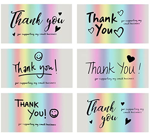cobee Juego de tarjetas de agradecimiento, 120 tarjetas de agradecimiento por apoyar a mi pequeña empresa, notas holográficas arco iris, tarjetas de agradecimiento al cliente, 6 estilos (3.5 x 1.9
