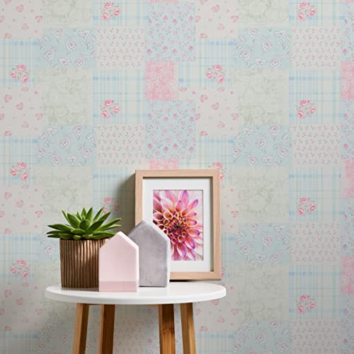 A.S. Création Maison Charme 390661 Papier peint intissé Motif fleurs Bleu/rose/blanc/vert/patchwork 10,05 m x 0,53 m Fabriqué en Allemagne