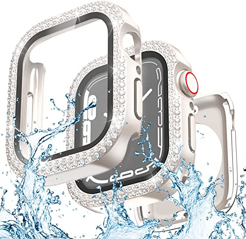 Yolovie 2 in 1 wasserdichte Glitzer Hülle Kompatibel für Apple Watch 44mm SE3/SE2/SE Serie 6/5/4 Displayschutz, iWatch Schutzhülle mit Diamant Bling Strass Gehäuse Zubehör, Polarstern