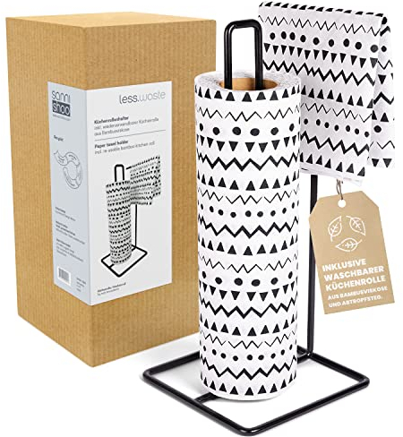 Küchenrollenhalter schwarz mit Küchenrolle waschbar, Wieder-verwendbare Küchentücher aus Bambus inklusive Halter, Haushaltspapier wiederverwenbar inklusive Rollenhalter, schwarz-Weiss