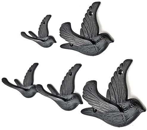 Ambipolar 5-pack rockkrokar i fågelflugstil, vintage svarta krokar för rockar, hattar och mer, stabil gjutjärnskonstruktion, rustik bondgårdstema, enkel installation, mångsidig