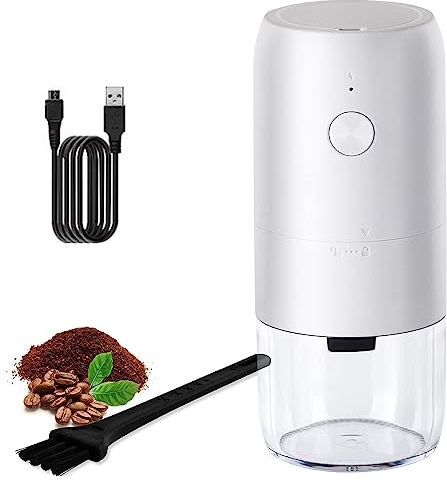 RUYICZB Coffee Grinder, Portable Electric Grinder with 5 Grind Settings, One Touch Operation Coffee Bean Grinder for Herbs, Nuts, Grains, Pepper, USB Rechargeable with Cleaner Brush,White