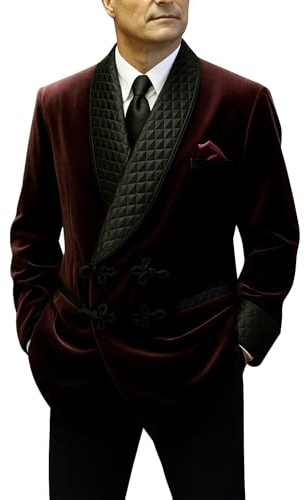 THE FAM STUDIO Men's Double Breasted Smoking Jackets Dinner Party Wear Smoking Jacket Burgundy Velvet Smoking Jackets, Burgundy, 4XL