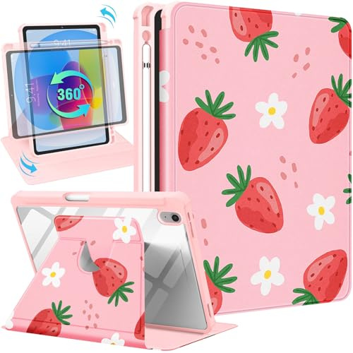 Uppuppy Custodia per iPad A16 - Custodia per iPad di 10a generazione da 10,9 pollici per bambini ragazze donne carino fragola ragazza carina kawaii floreale rotante copertura per tablet per Apple 10