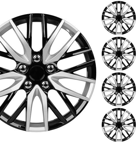 BDK (4-Pack) Premium Black/Silver Hubcaps 16 Wheel Rim Cover Hub Caps Two-Tone Style Replacement Snap On Car Truck SUV - 16 Inch Set