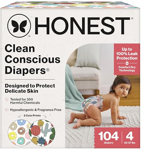 The Honest Company Comfort Dry Disposable Daytime Diapers for Sensitive Skin, Hypoallergenic, Fragrance-Free, Donut Grow Up + Cactus Cuties, Super Club Box, Size 4 (22-37 lbs), 104 Count