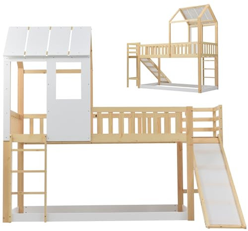 RCBDBSM Kinder Bett mit Rutsche, Hausbett 90x200, Etagenbett für 2 Kinder, Hochbett mit Dach und Fenster, Kinderbetten, Spielbett, Jugendbett, Doppelbet, ohne matratze (Natur+Weiß)