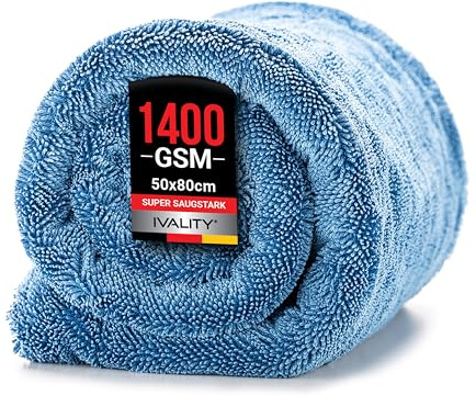 Ivality Chiffon Microfibre Voiture XXL 80x50 cm – 1400 GSM Microfibre Ultra Absorbante pour Voiture et Moto, Vitres, sans Peluches et Délicate sur la Peinture, Serviette de Sechage
