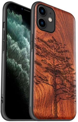 Carveit Coque Compatible avec iPhone 11 Étui en Bois Rigide Antichoc avec Cadre en TPU Case pour Apple 11 Coque Premium de Protection (Rosé-Croquis de pins Vintage)