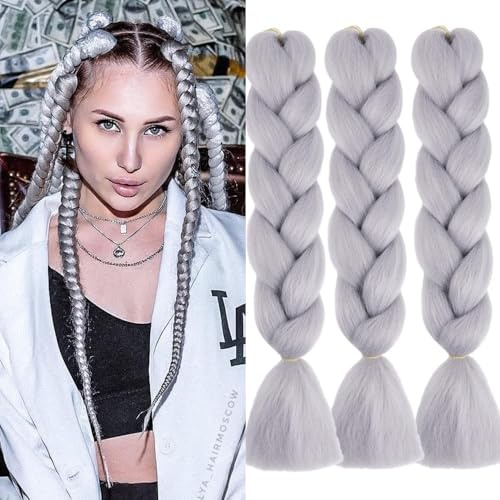 Jooceebaby Kunsthaar Zum Einflechten Easy Braid Vorgedehnte Braids Extensions Silber Grau HaarverläNgerungen 24 Zoll 3packs Haar Zum Einflechten Braids ZopfverläNgerungen (Light gray)
