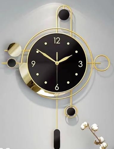 Modern Wall Clock with Pendulum 50×68cm – Black and Gold Geometric Design, Silent Non-Ticking Quartz Movement, Decorative Metal Clock for Living Room, Dining Room, Office, Hallway JR5155