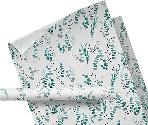 Seidenpapier weiß mit Muster Eukalyptus – Verpackungs- oder Füllmaterial – für Kleidung, Kerzen, Schmuck – Packseide mit Muster floral – auf Rolle – 47 cm breit – 10 Meter lang