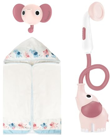 Yookidoo Duschkopf für Baby-Badewanne, Elefanten-Wasserpumpe mit Stammauslauf und Spüler, kontrolliert den Wasserfluss von 2 Knöpfen für maximalen für Neugeborene (Blush Pink)