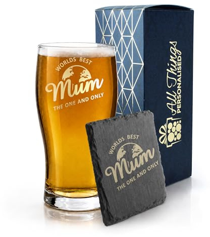Engraved Pint Glass and Slate Coaster Gift Set with Worlds Best Mum, Mothers Day Gift, Birthday Present for Her, Gift Boxed, Drinks Coaster, Beer Gift