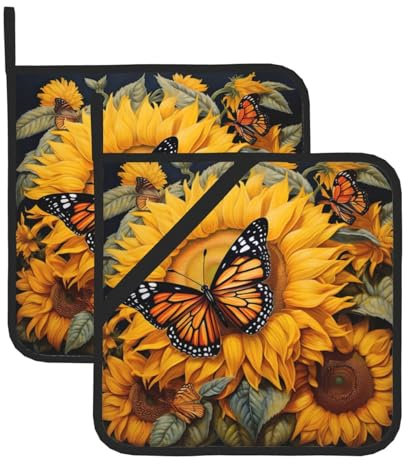 Set di 2 presine a forma di girasole e farfalle, da usare per cuocere a microonde, servire il forno e grigliare