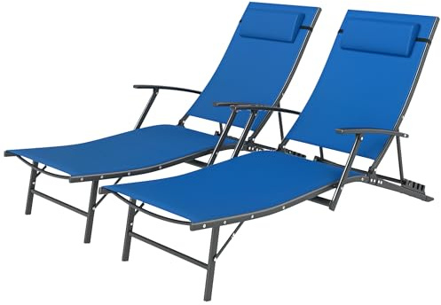 Outsunny Set of 2 Folding Sun Loungers for Garden, 4 Positions Adjustable Outdoor Chaise Lounge Chairs with Armrests, Pillows, Steel Frame, Sunbed Recliners for Patio, Beach and Poolside, Blue