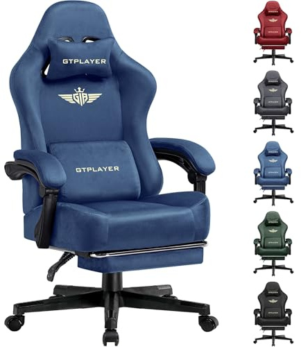 GTPLAYER Fabric Gaming Chair, Ergonomic Computer Chair with Footrest and Lumbar Support Height Adjustable Home Office with 360°-Swivel Seat and Headrest (Blue)
