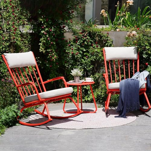Grand patio Garten Schaukelstuhl Set mit Kissen und Beistelltisch, Outdoor GartenStuhl Schwingsessel bis 150 kg belastbar für Garten, Schlafzimmer, Wohnzimmer, Ecke, Veranda, Rot (Rot)
