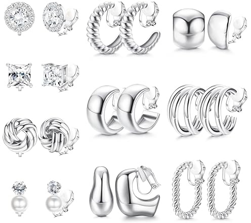 FIBO STEEL 10 Pairs Clip On Earrings for Women Non Pierced Ears CZ Pearl Knot Twist Chunky Hoop and Studs Earring Set Ear Clips Jewelry Silver Plated