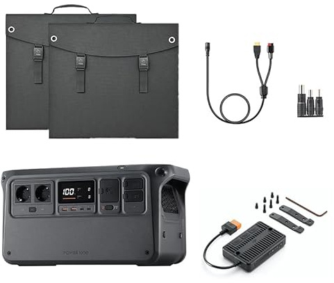 DJI Power 1000 Estación de energía portátil con 2 paneles solares plegables de 100 W, DC5521 hembra a Anderson 30 A/XT60 hembra, adaptador DC 3 en 1, 1 MPPT, off-grid para camping y autocaravanas.