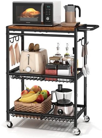 Microwave Kitchen Cart with Push Handle, 3 Tier Rolling Cart with 2 Lockable Wheels, Vintage Kitchen Storage Cart with 210Lbs Capacity for Kitchen Island, Restaurant, Coffee Bar, Living Room, Office