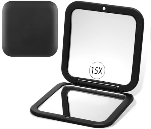 LXUEJIE Taschenspiegel mit Vergrößerung 15 Fach, Doppelseitig Reisespiegel Tragbarer Kosmetikspiegel Faltbarer Makeup Spiegel für Travel Präzisions Makeup（Schwarz）