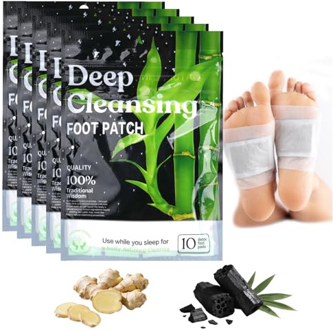 50 Pcs Bamboo Ginger Deep Cleansing Foot Pads, Natural Cleansing Foot Pads Suitable for Daily Stress Relief and Sleep, Japanese Patches with Soft Feet Care Solution-5 Bags
