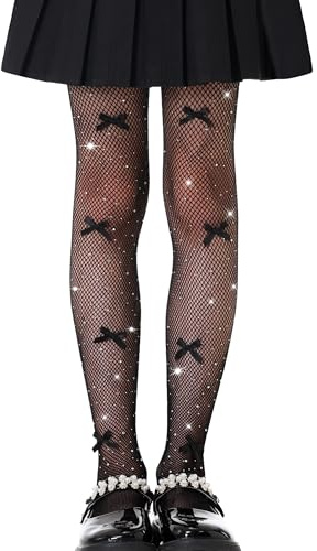 LOLANTA 2-pack nätstrumpbyxor för flickor, skimrande strass tights för barn, nätstrumpor, Glittrande svart rosett, 4-8 anni