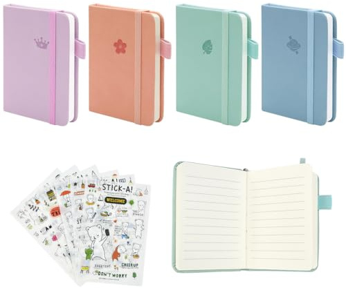 JNEYVIC Lot de 4 Carnet de Notes de Poche A7 avec 6 Autocollants Carnet A7s 200 Pages Petit Carnets-A7 Bloc-notes Portable Carnets Quadrillés Idéal pour l'École, le Bureau ou les Voyages(4 Couleurs)