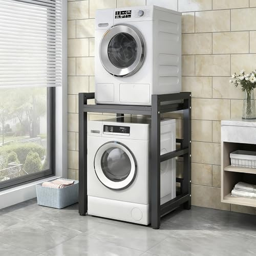 Superposition Lave Linge Seche Linge, Support Superposition Lave-Linge Sèche-Linge Robust, Structure Acier 5x5cm, Capacité 400kg avec Hauteur 3 Niveaux Adjustable(Black d)