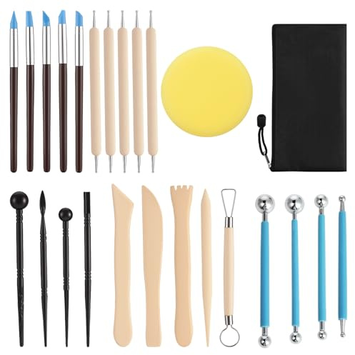 Avemest Set di 25 Strumenti per Modellare,Attrezzi Ceramica,Kit di Poterie con Sacchetto di Conservazione,Kit Ceramica fai da te,Accessori per Artisti e Principianti,Per Intaglio Scultura Modellazione