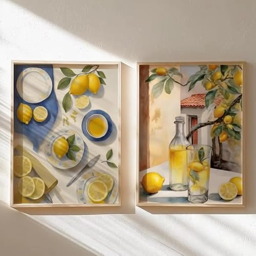 AEFOUU 2er-Set Leinwanddrucke mit Zitronenbaum-Motiv im modernen mediterranen Stil, Sommerliche Wanddekoration, 50 x 70 cm