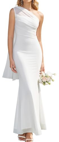 HTZMO Womens One Shoulder Formal Wedding Guest Maxi Dress Summer Bodycon Ruched Elegant Cocktail Party Long Dresses White M