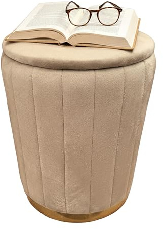 Relaxdays Sammet förvaringsottoman, stoppad rund puff, 42 x 32 cm, vardagsrum kaffe, beige