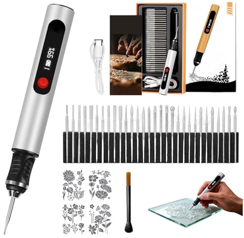 Snrtevu Kit Complet de Graveur Électrique - Le Graveur, Stylo Graveur Sans Fil 3 Vitesses, 30 Têtes et Multiple Gabarits, Outil Portable pour Gravure sur Bois/Métal/Verre DIY (1PC-A2)