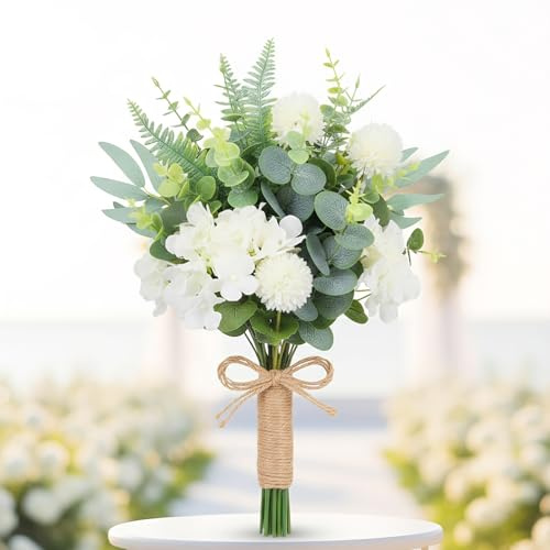 Probuk 55pcs Artificiales de Eucalipto y Hortensias en Blanco - Decoración para Bodas, Ramos de Novia, Centros de Mesa, DIY, Decoración del Hogar y Fiestas