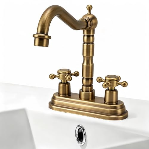 Hapivida Vintage 2 Cross Handle RV Mixer Tap with Water Supply Hoses,G1/2 | Centerset Bathroom Sink Faucet Deck Mount 2 Hole Lavatory Vanity Utility Mixer Tap for Lavatory Washbasin