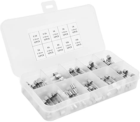 MasYosh 100 Stück Flinke Glassicherung, 0,2 A Bis 20 A, 5 X 20 Mm Sicherungsrohr-Set mit Transparenter Aufbewahrungsbox, für Elektrische Sicherheit und Schutz