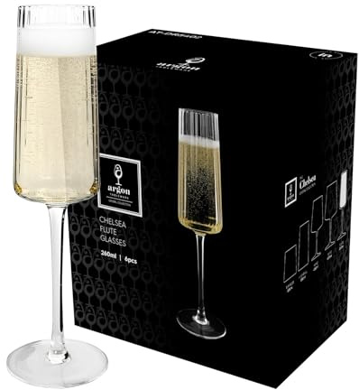 Argon Tableware Chelsea Optic Crystal Champagne Flutes 260ml - Pack of 24, Lead-Free Crystal Sparkling Wine Glass Set, Art Deco Design, Elongated Bowl, Gift Boxed Glassware