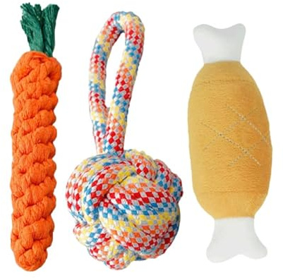 Vyloky 3-delat hundleksaksset, plysch med pipande boll, valpleksak, tuggleksak för små medelstora hundar, set med bomullsrep, morot, majs, kyckling (R260309CWWJjhd)