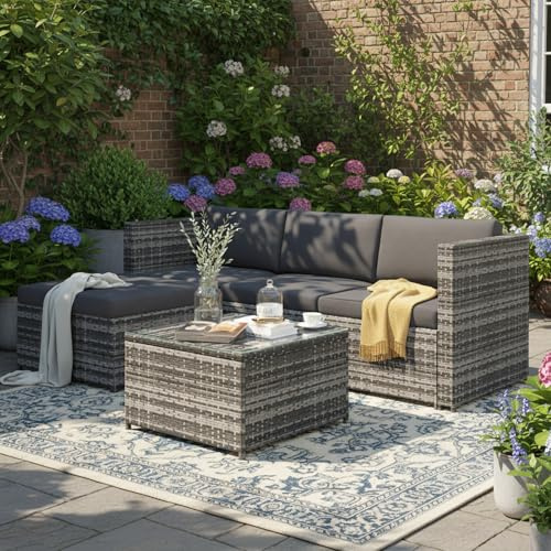 KUAKE Polyrattan Lounge-Sofagarnitur, Gartenmöbel-Set, Ecksofa, Couchgarnitur mit Sitz- und Rückenkissen, Lounge-Tisch mit Glasplatte (Grau)
