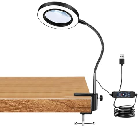 Focenat 10X Lupa con Luz Led, Lampara Lupa de Mesa con Pinza, 3 Temperaturas y 9 Niveles, Lupas de Gran Aumento con Luz para Lectura, Manualidades, Reparaciones y Diamond Painting (Pinza)
