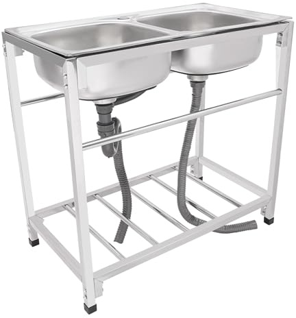 KüChenspüLe,83.1 × 43.9 × 77cm Freistehende Edelstahl SpüLtisch Gastro 2 Becken, Gewerbliche KüChenspüLe für Laden, Garage und Abstellraum