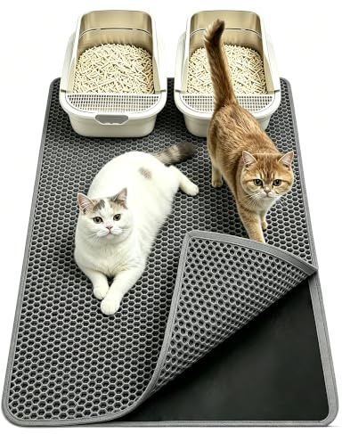 Katzenklo Matte Groß XXL 90x60 cm Waben Doppelschicht Katzenstreu Matte, Urin- & Wasserdichte Katzenklo Unterlage, Rutschfeste Katzenstreumatte für den Boden, Leicht zu reinigen, Grau