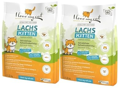 I Love My Cat Kitten Trockenfutter Lachs – 2 x 1,2 kg (2,4 kg). Kittenfutter ohne Getreide und Zucker. Trockenfutter für Kitten mit hohem Lachsanteil, Omega-3, Kroketten (ca. 0,6 cm), Vorteilspack.