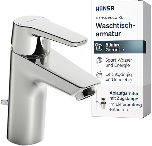 HANSA POLO XL Waschtischarmatur I Wasserhahn Badezimmer mit Temperatur & Wassermengenbegrenzer | XL für mittelgroße bis große Bäder | Ablaufgarnitur mit Zugstange | Einhebelmischer Waschbecken | Chrom