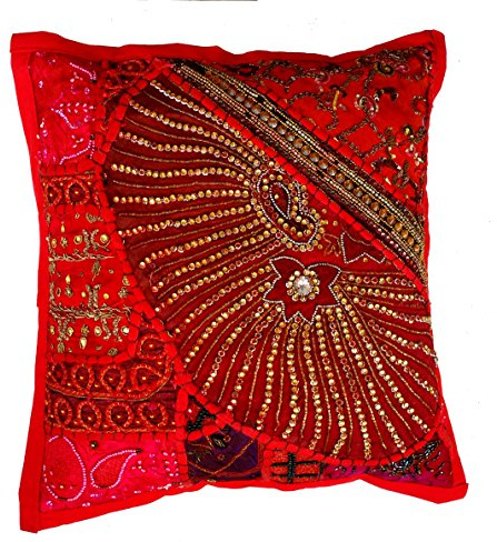 Rastogi Handicrafts Fundas de almohada decorativas, funda de cojín de algodón bordada, funda de cojín de retazos, funda de cojín tradicional india hecha a mano (rojo)
